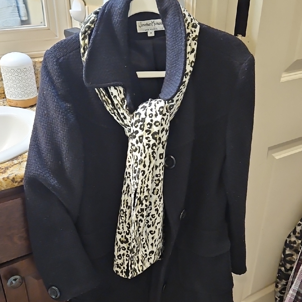 Jonathan Michael Black Coat Wool W/animal Print Scarf Size 8